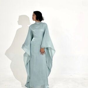 Chic Pastel Blue Long Sleeve Silk Kaftan Dress